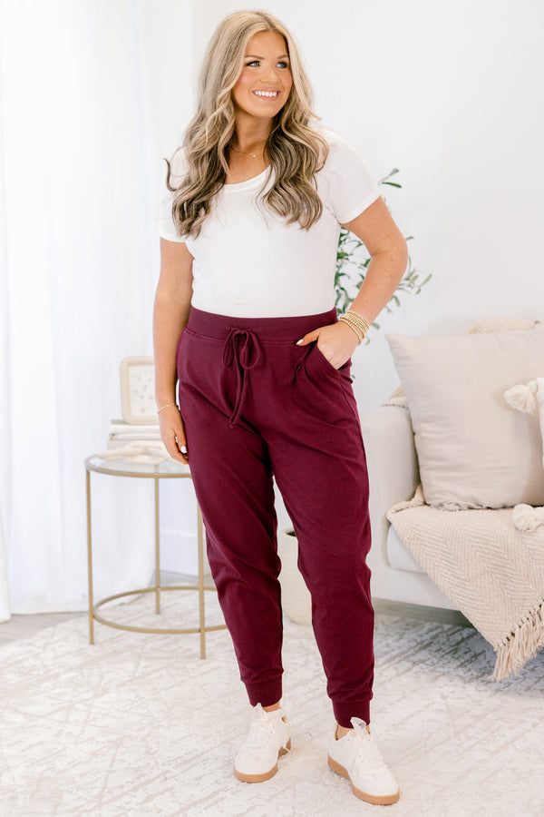 Chic Soul plus size clothing, burgundy drawstring stretchy waistband joggers with band at the ankles 