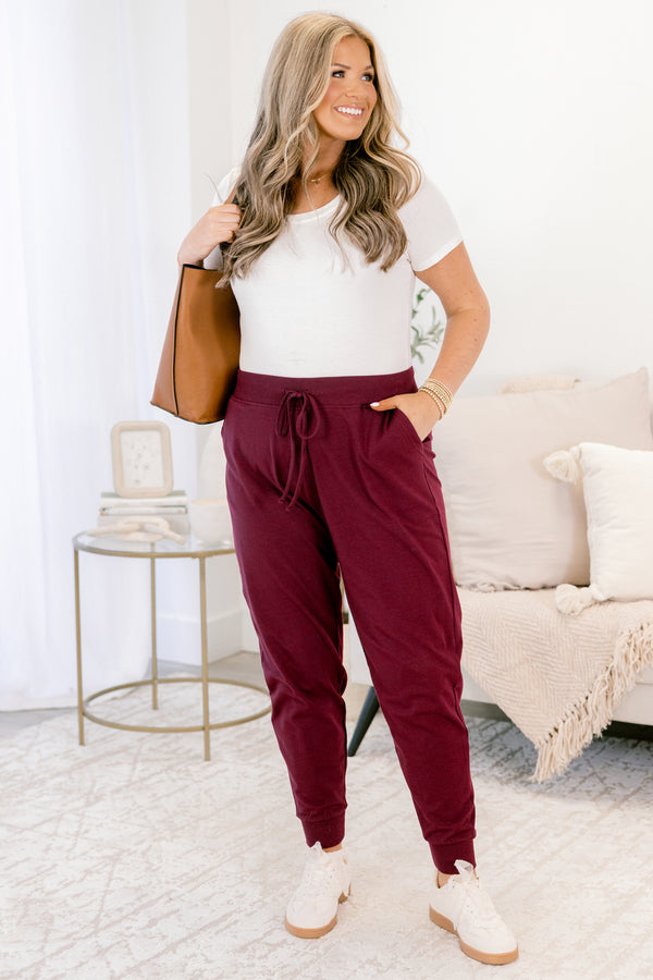 Chic Soul plus size clothing, burgundy drawstring stretchy waistband joggers with band at the ankles 