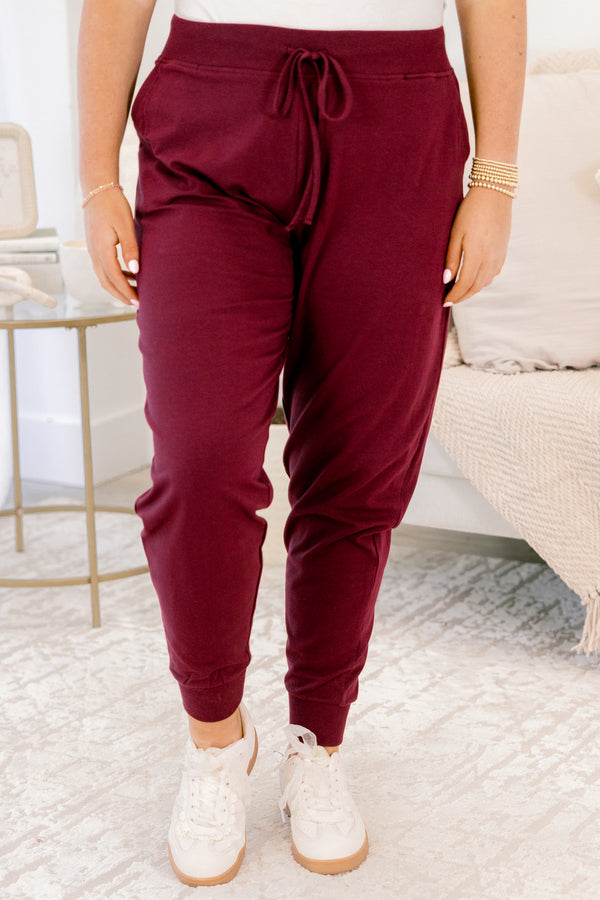 Chic Soul plus size clothing, burgundy drawstring stretchy waistband joggers with band at the ankles 