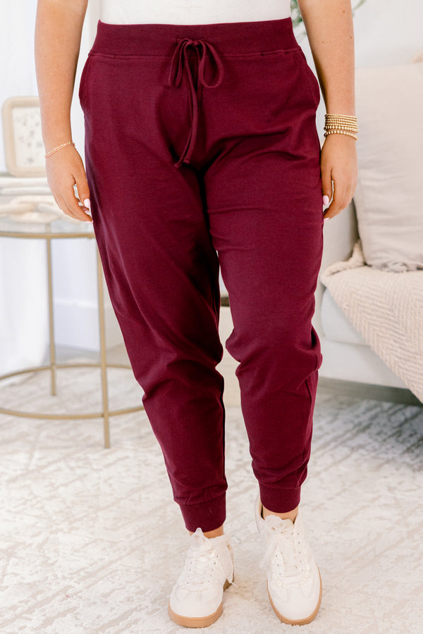 Chic Soul plus size clothing, burgundy drawstring stretchy waistband joggers with band at the ankles 