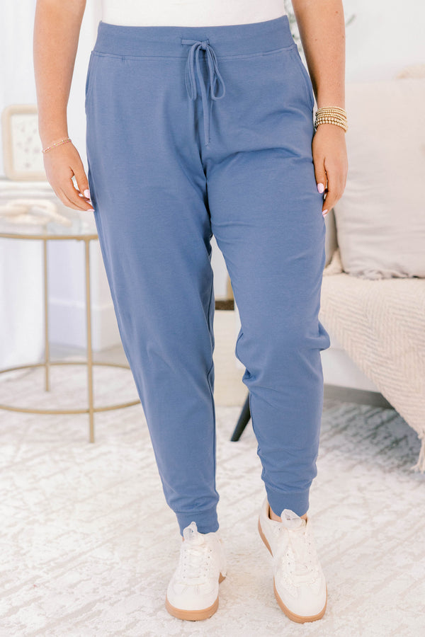 Chic Soul plus size clothing, dusty blue drawstring stretchy waistband joggers with band at the ankles 