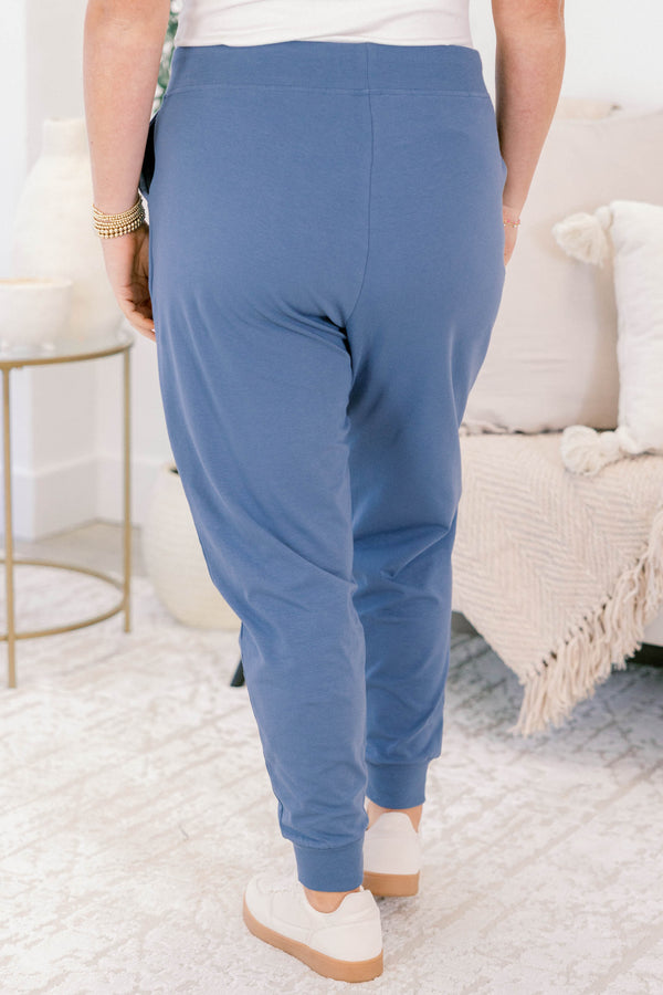 Chic Soul plus size clothing, dusty blue drawstring stretchy waistband joggers with band at the ankles 
