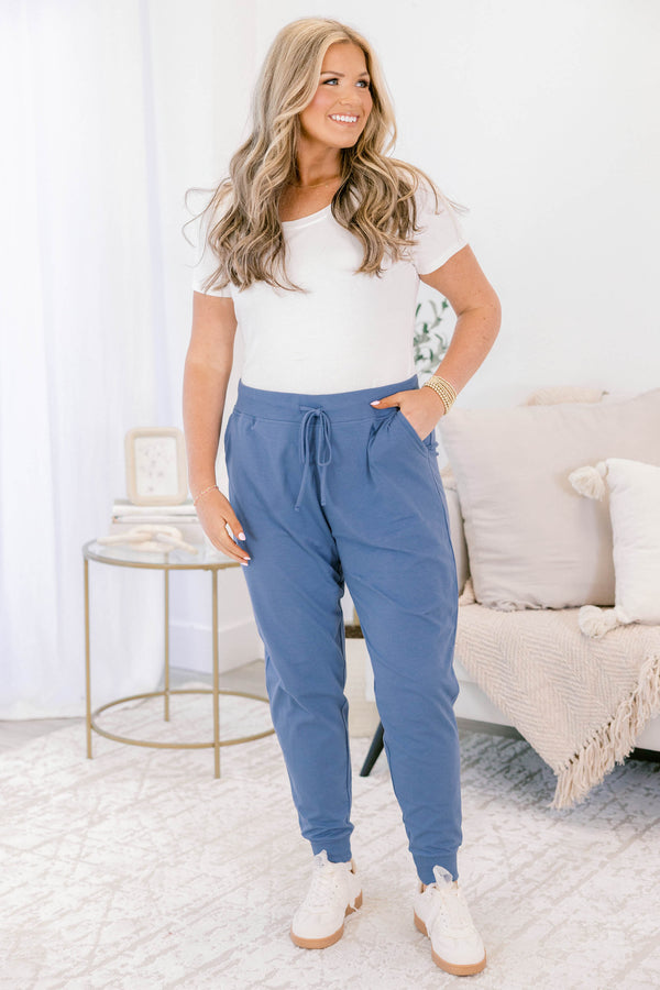 Chic Soul plus size clothing, dusty blue drawstring stretchy waistband joggers with band at the ankles 