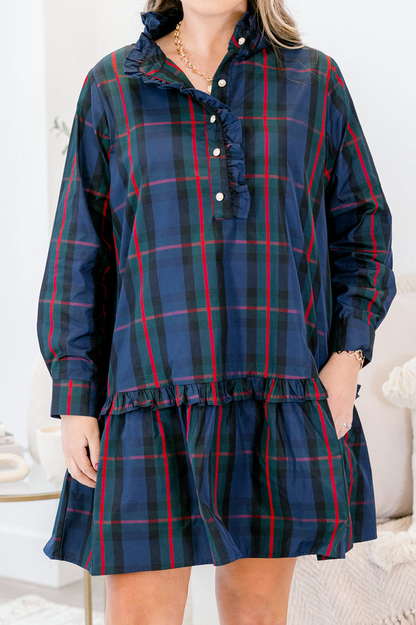 Chic Soul plus size clothing, navy tartan plain long sleeve short dress with ruffle hem and buttons 1/4 of the way down the collar