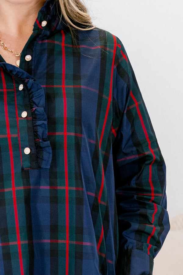 Chic Soul plus size clothing, navy tartan plain long sleeve short dress with ruffle hem and buttons 1/4 of the way down the collar