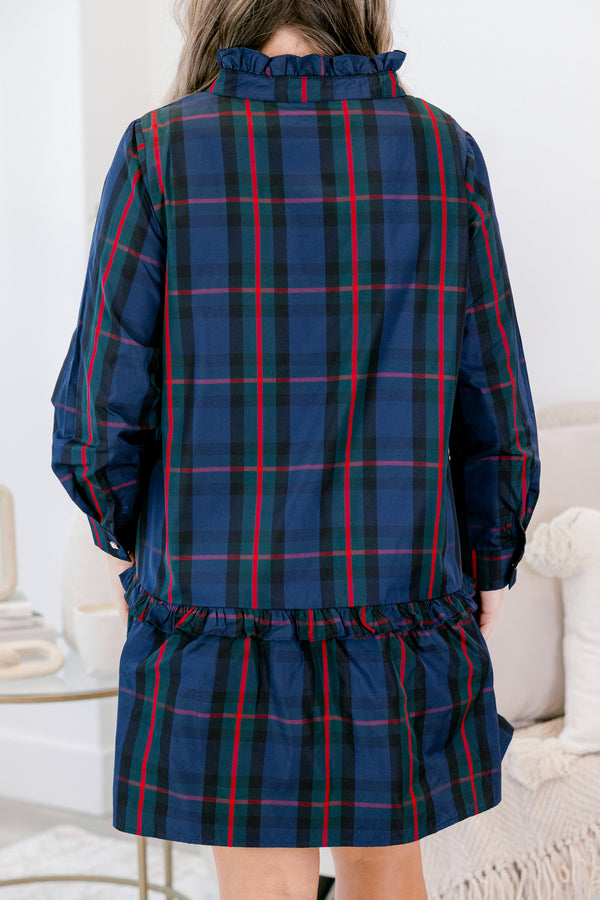 Chic Soul plus size clothing, navy tartan plain long sleeve short dress with ruffle hem and buttons 1/4 of the way down the collar