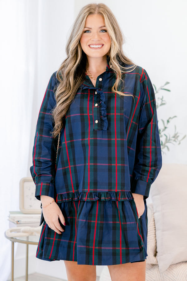Chic Soul plus size clothing, navy tartan plain long sleeve short dress with ruffle hem and buttons 1/4 of the way down the collar