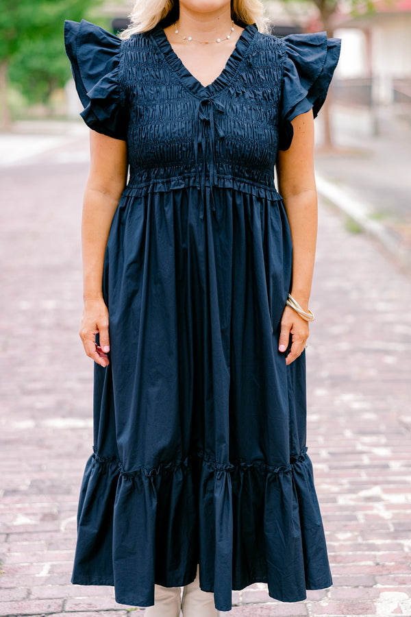 Chic Soul plus size clothing, navy midi dresses with flutter sleeves and smocked chest with two bow ties