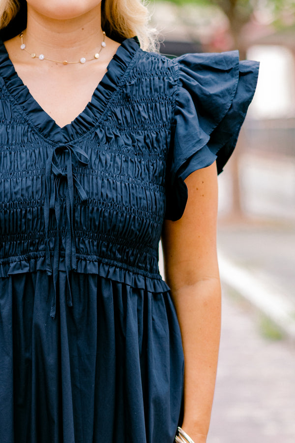 Chic Soul plus size clothing, navy midi dresses with flutter sleeves and smocked chest with two bow ties