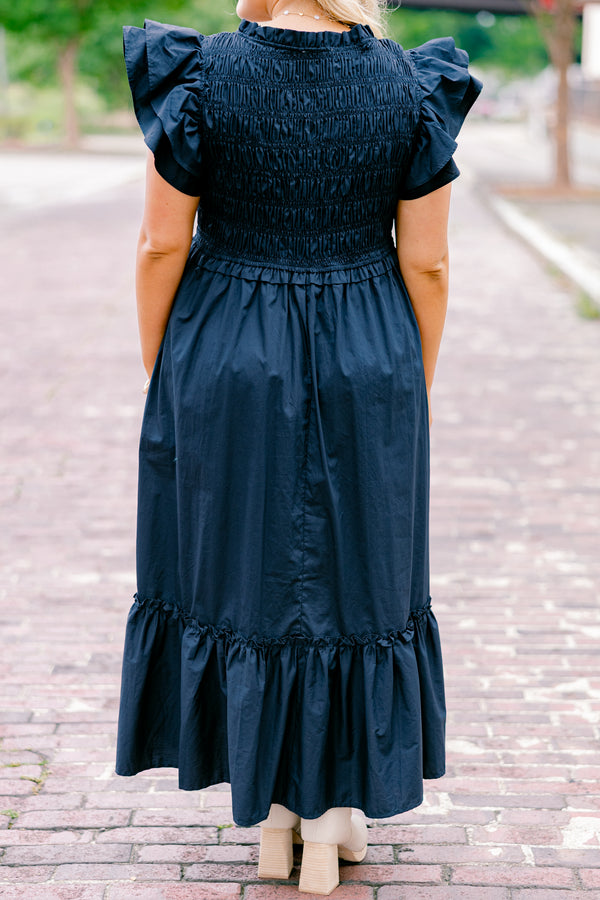 Chic Soul plus size clothing, navy midi dresses with flutter sleeves and smocked chest with two bow ties