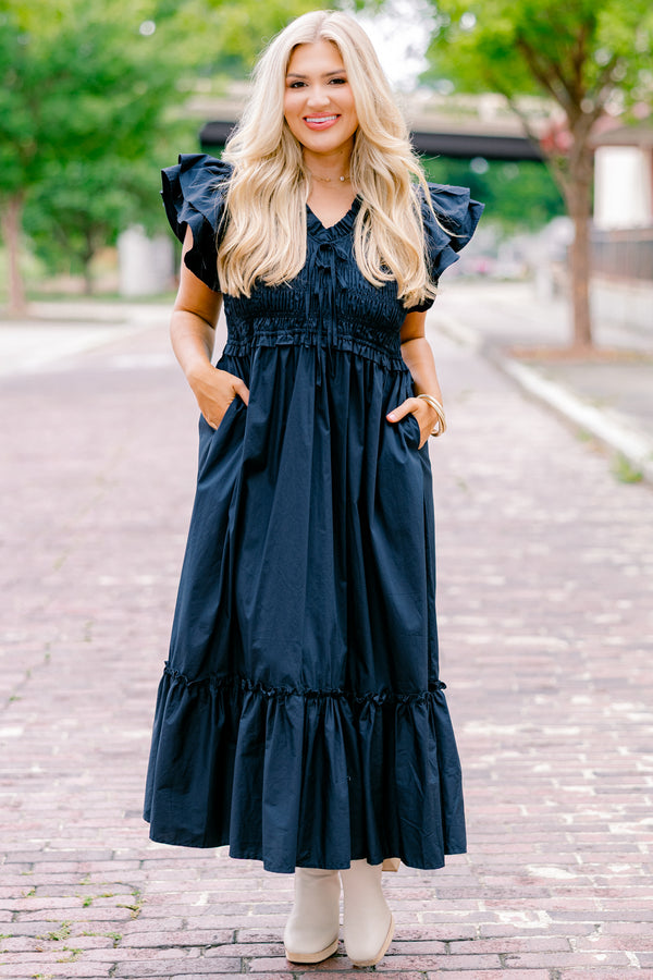 Chic Soul plus size clothing, navy midi dresses with flutter sleeves and smocked chest with two bow ties