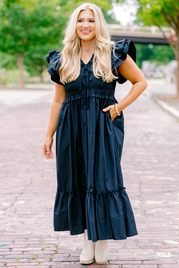 Chic Soul plus size clothing, navy midi dresses with flutter sleeves and smocked chest with two bow ties