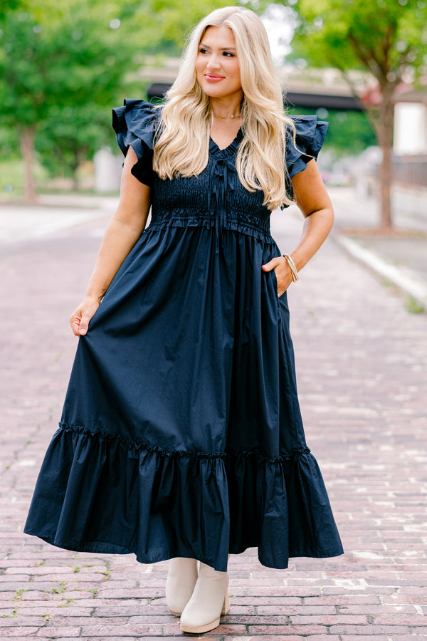 Chic Soul plus size clothing, navy midi dresses with flutter sleeves and smocked chest with two bow ties