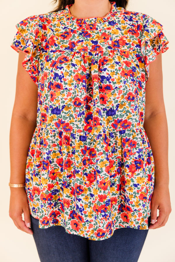 Chic Soul plus size clothing, ivory floral top with flutter sleeves