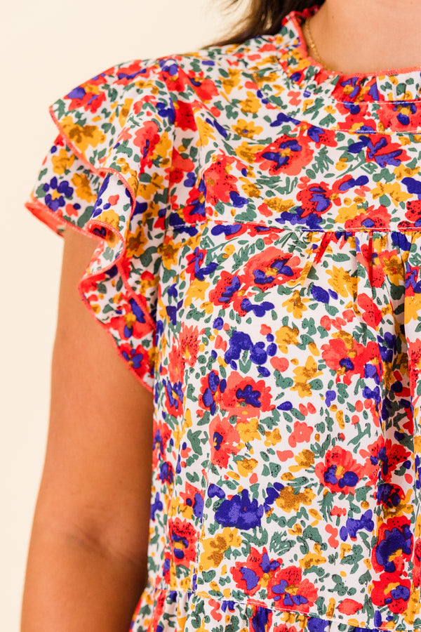 Chic Soul plus size clothing, ivory floral top with flutter sleeves