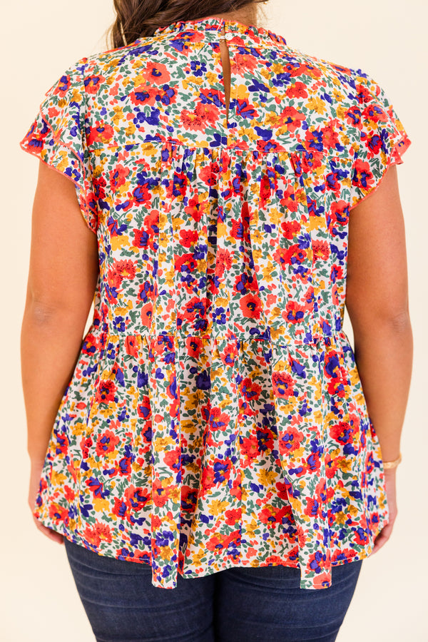 Chic Soul plus size clothing, ivory floral top with flutter sleeves