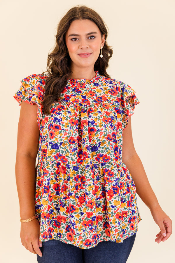 Chic Soul plus size clothing, ivory floral top with flutter sleeves