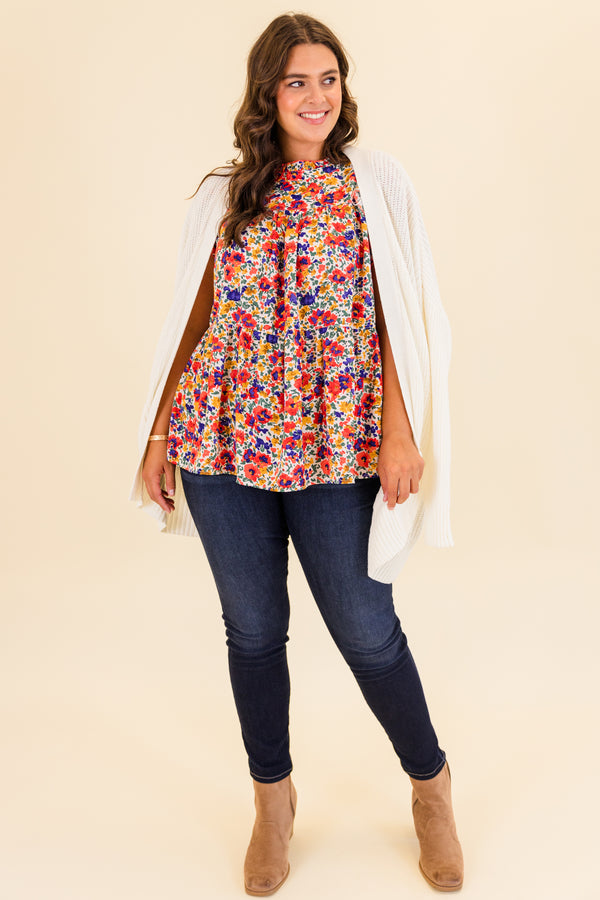 Chic Soul plus size clothing, ivory floral top with flutter sleeves