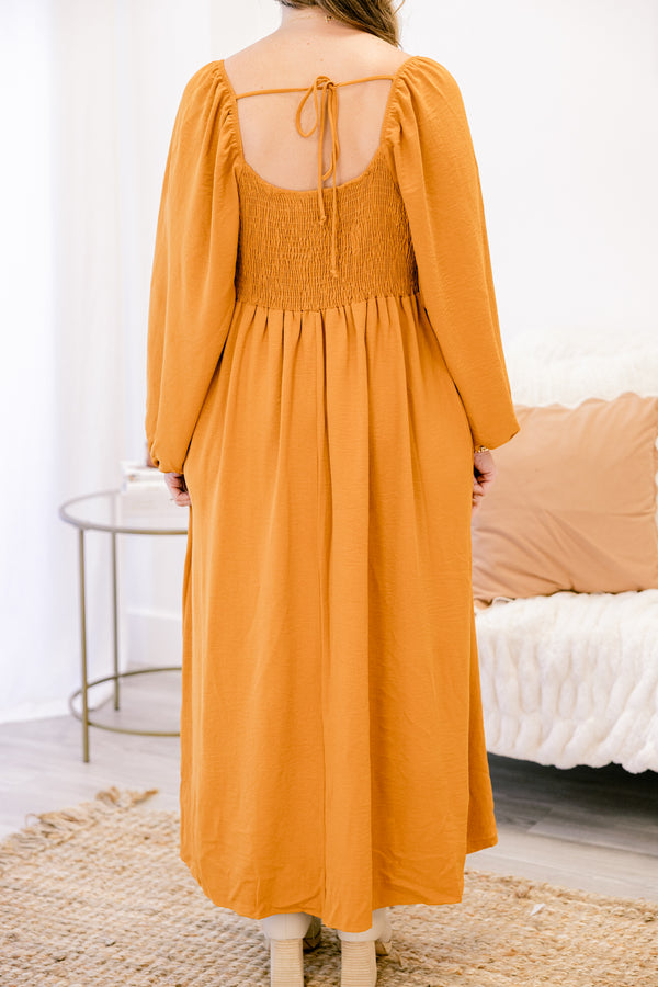 Chic Soul plus size clothing, mustard yellow long balloon sleeve satin maxi dress with straight neckline flowy bottom