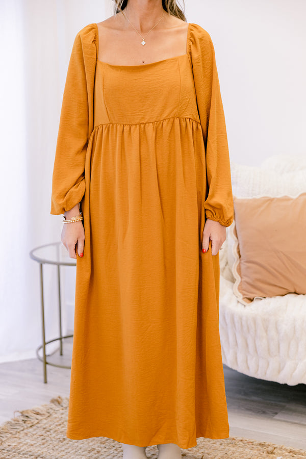 Chic Soul plus size clothing, mustard yellow long balloon sleeve satin maxi dress with straight neckline flowy bottom