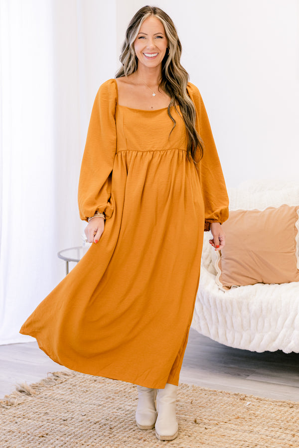 Chic Soul plus size clothing, mustard yellow long balloon sleeve satin maxi dress with straight neckline flowy bottom
