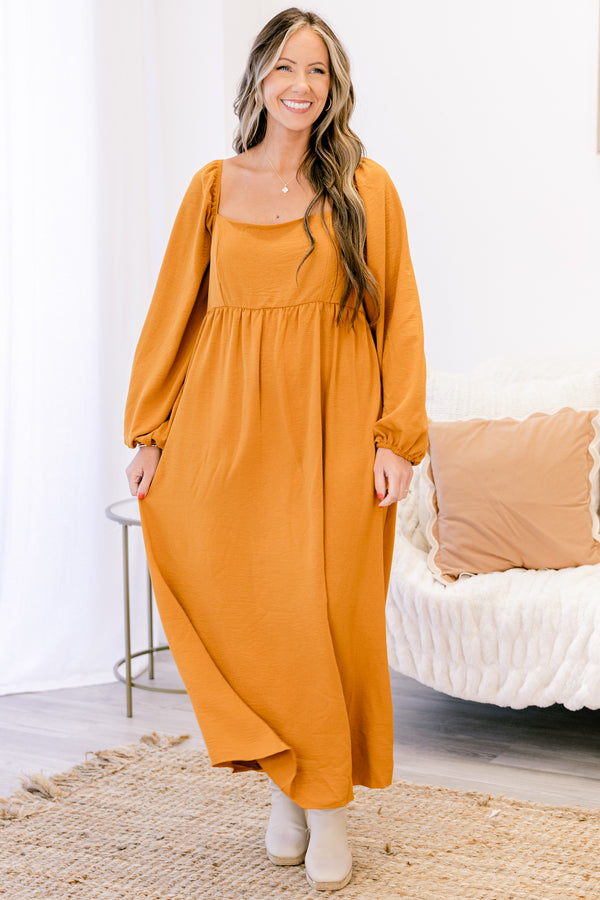 Chic Soul plus size clothing, mustard yellow long balloon sleeve satin maxi dress with straight neckline flowy bottom