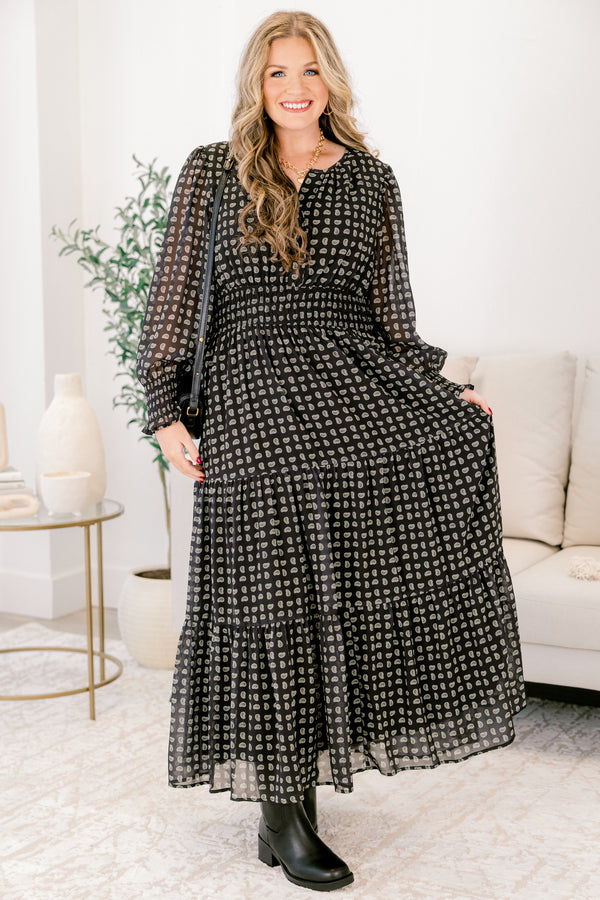 Chic Soul plus size clothing, black and tan paisley print long sleeve maxi dress with cinched waist and wrists on the sleeves and v-neckline