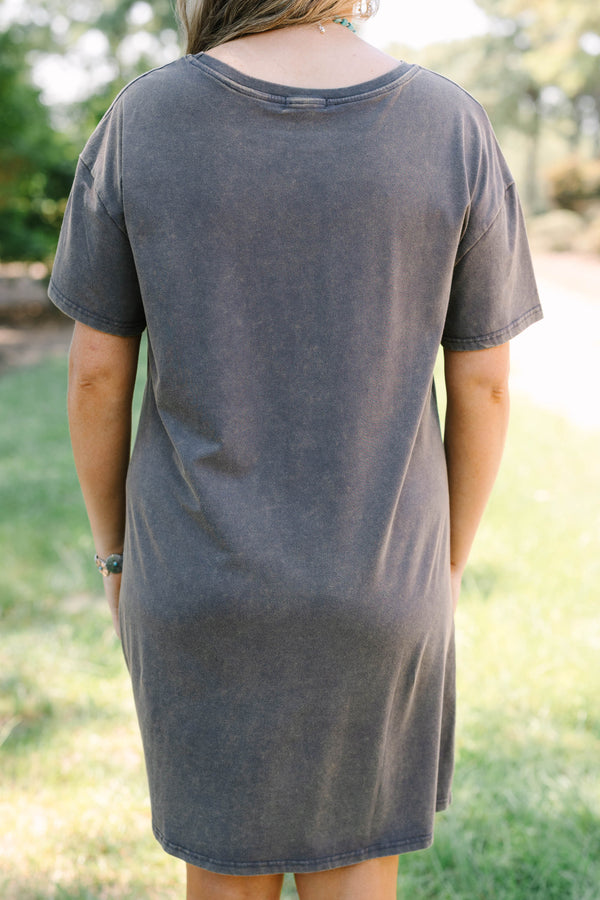 Plus Size charcoal t-shirt dress with a white cowboy horse graphic and short sleeves.
