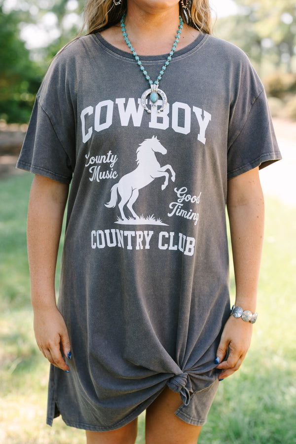 Plus Size charcoal t-shirt dress with a white cowboy horse graphic and short sleeves.