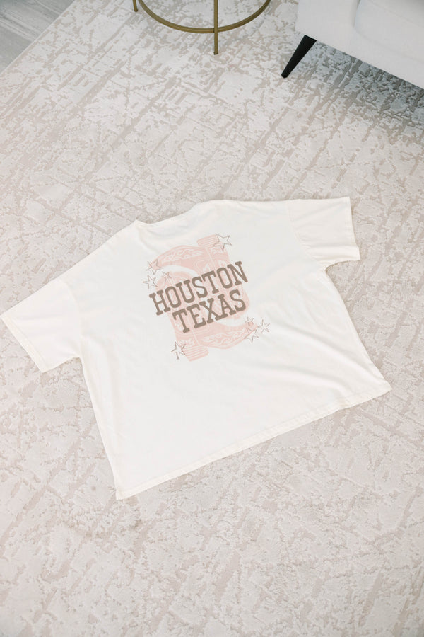 Plus size clothing, ivory oversized boyfriend tee with Houston, Texas graphic and cowboy boots