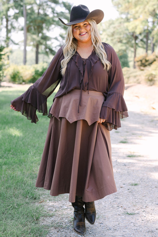 Plus Size brown 100% cotton midi skirt with a layered, pointed peplum waist and flared silhouette.
