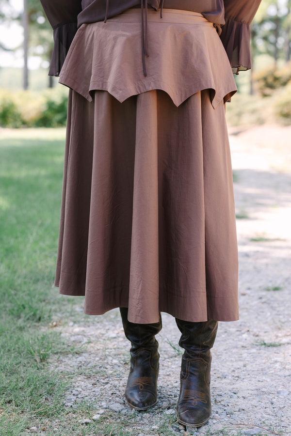 Plus Size brown 100% cotton midi skirt with a layered, pointed peplum waist and flared silhouette.