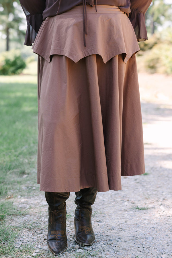 Plus Size brown 100% cotton midi skirt with a layered, pointed peplum waist and flared silhouette.