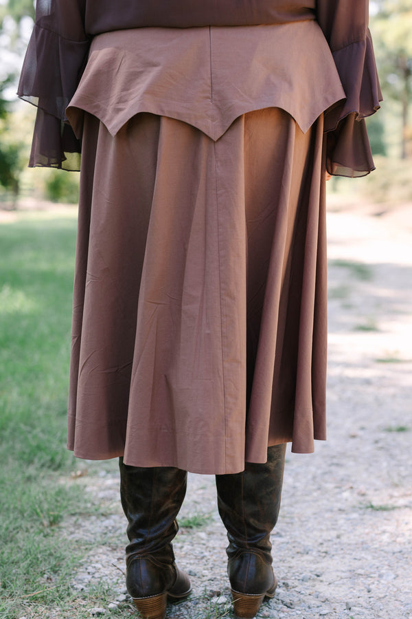 Plus Size brown 100% cotton midi skirt with a layered, pointed peplum waist and flared silhouette.