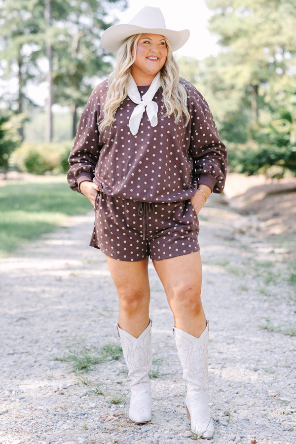 Plus Size brown polka dot shorts with a drawstring waist and matching long sleeve top.