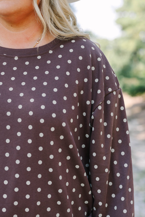 Plus Size brown polka dot pullover with long balloon sleeves and a matching drawstring short set.