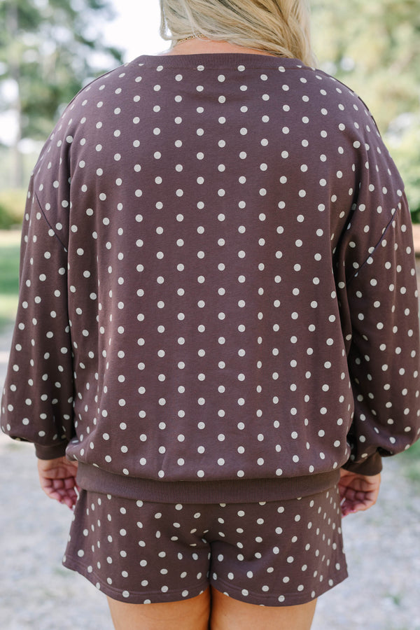Plus Size brown polka dot pullover with long balloon sleeves and a matching drawstring short set.