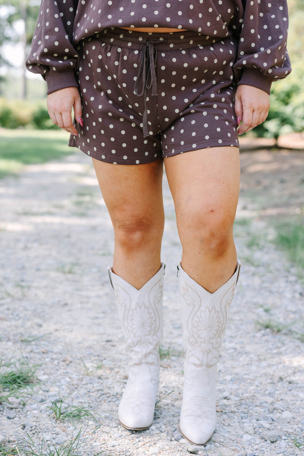 Plus Size brown polka dot shorts with a drawstring waist and matching long sleeve top.