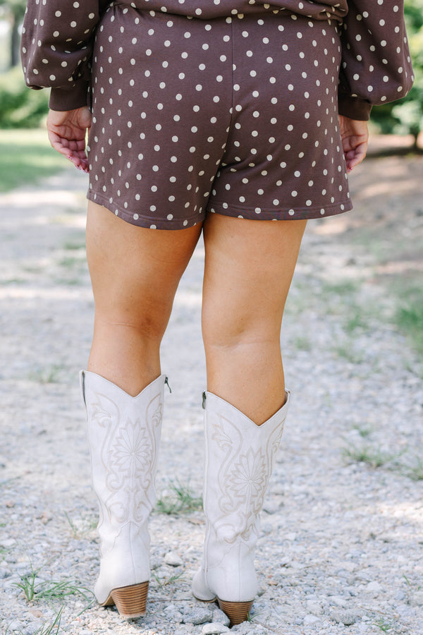 Plus Size brown polka dot shorts with a drawstring waist and matching long sleeve top.