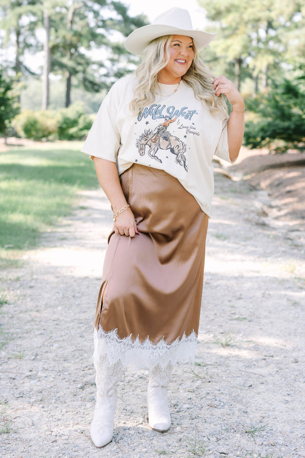Plus Size brown satin midi skirt with a white lace hem and side slit.