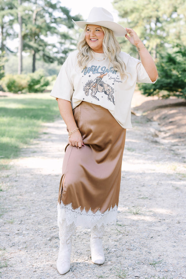 Plus Size brown satin midi skirt with a white lace hem and side slit.