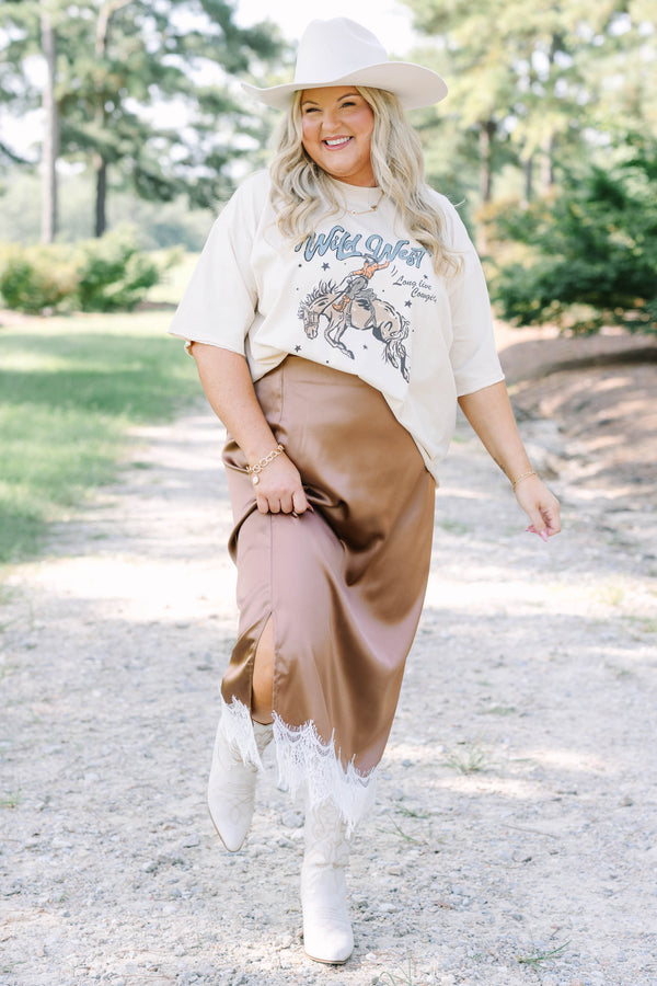 Plus Size brown satin midi skirt with a white lace hem and side slit.