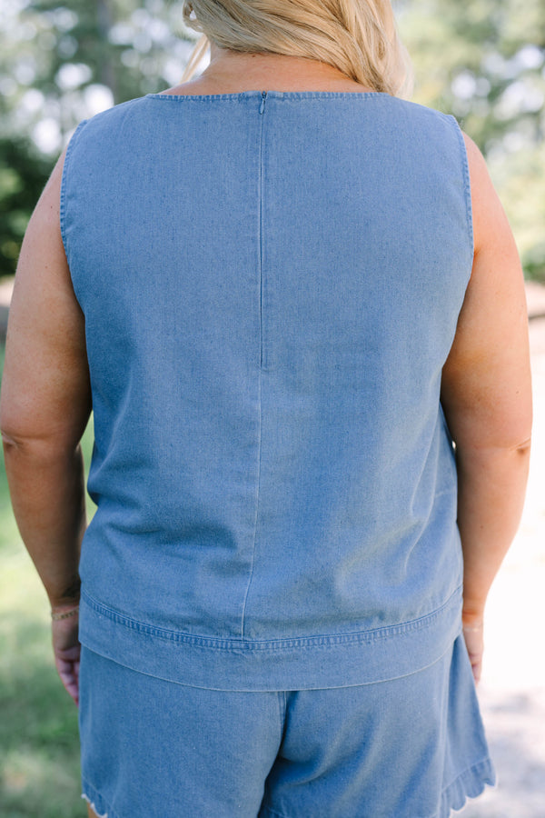 Plus Size sleeveless denim tank top and matching shorts with white scalloped trim.