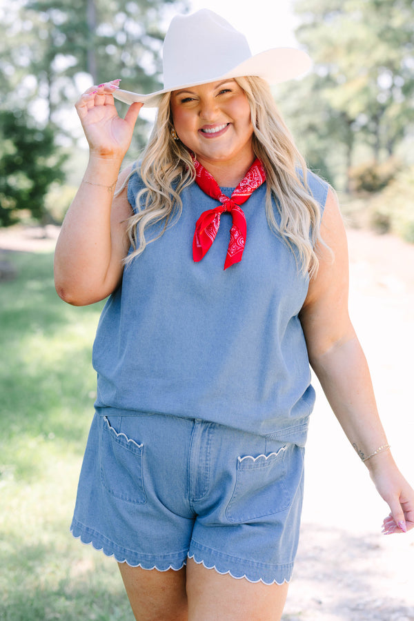 Plus Size sleeveless denim tank top and matching shorts with white scalloped trim.