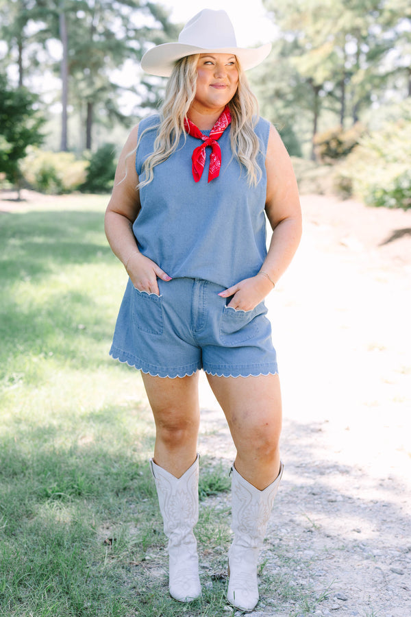 Plus Size sleeveless denim tank top and matching shorts with white scalloped trim.