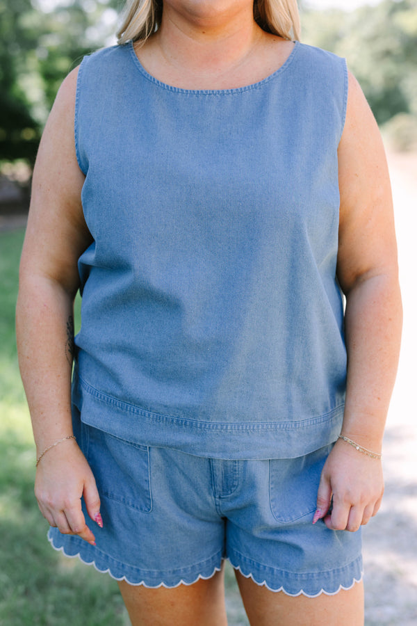 Plus Size sleeveless denim tank top and matching shorts with white scalloped trim.