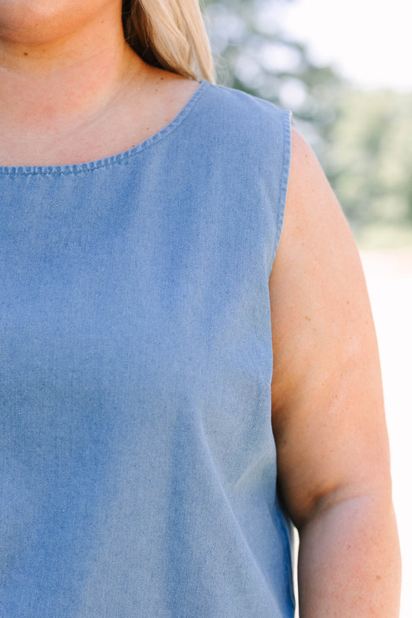 Plus Size sleeveless denim tank top and matching shorts with white scalloped trim.