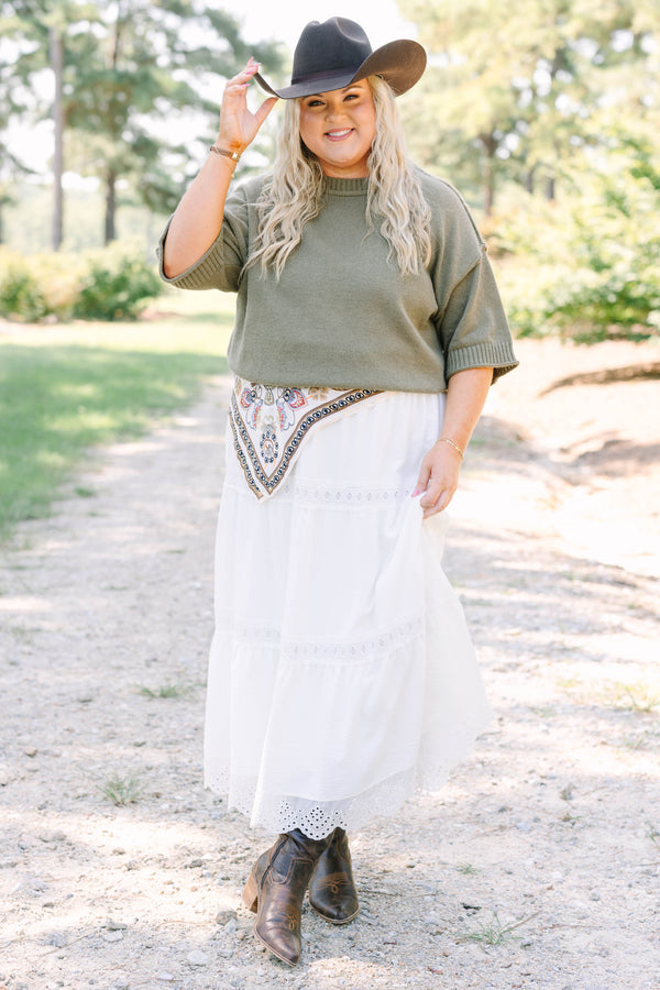 Plus Size olive green knit sweater with a crew neckline and elbow-length sleeves.