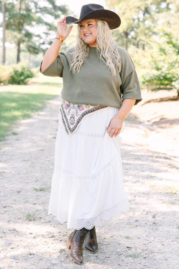 Plus Size olive green knit sweater with a crew neckline and elbow-length sleeves.