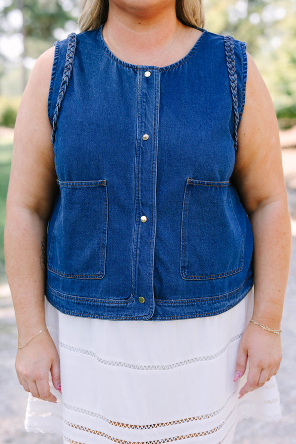 Plus Size dark denim vest with gold buttons, large front pockets, and a sleeveless design.